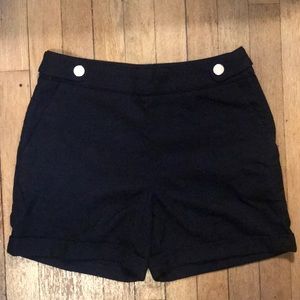 H&M navy Linen Bermuda shorts, gold button detail